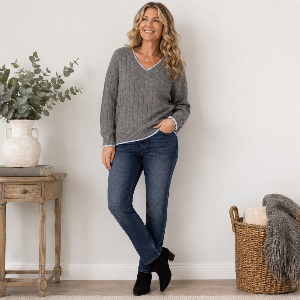 Riccardo Piacenza Pure Cashmere Sweater XL Gray Ribbed V Neck Quiet Luxury - Picture 1 of 6